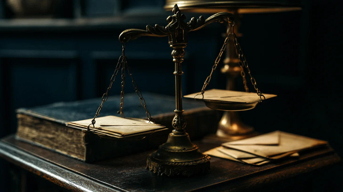 Mosiężna szalka wagowa w idealnej równowadze, identyczne nieoznaczone koperty na każdej szali, ciemne drewniane biurko, pojedyncze górne światło, geometryczna symetria sygnalizująca cztery kryteria oceniane łącznie